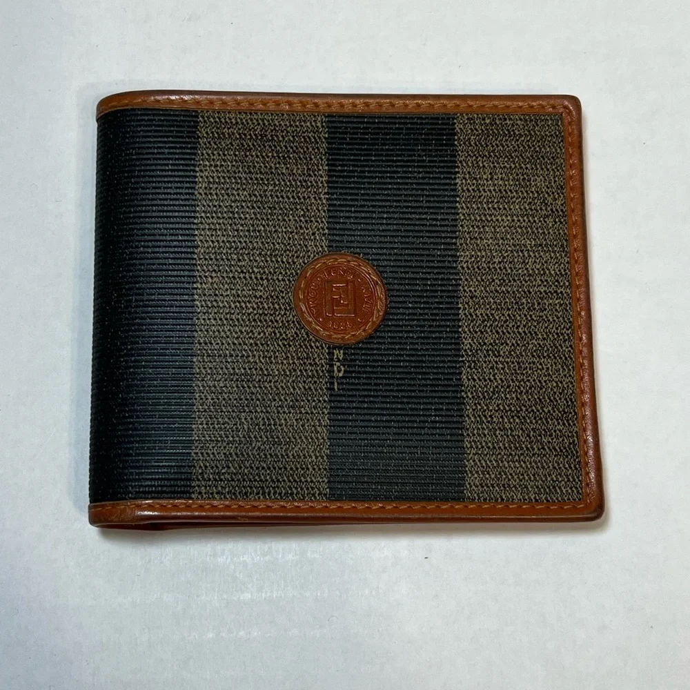 FENDI Pequin Patterned Bifold Wallet Brown/Black PVC & Cognac Leather